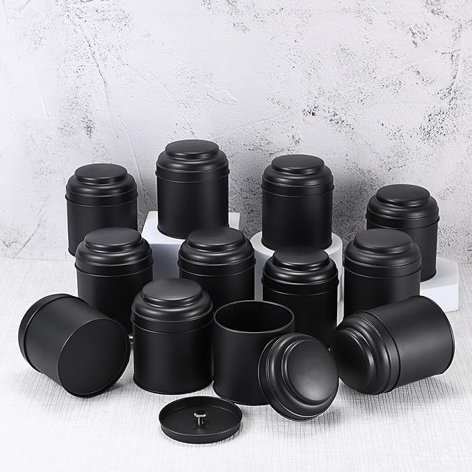 JUXYES 12 Pack Tea Tins Canister with Airtight Double Lids, 8 fl oz Loose Leaf Tea Storage Airtight Kitchen Canisters Tins Can Box for Storage Loose Tea Coffee Herbs and Spices, Black