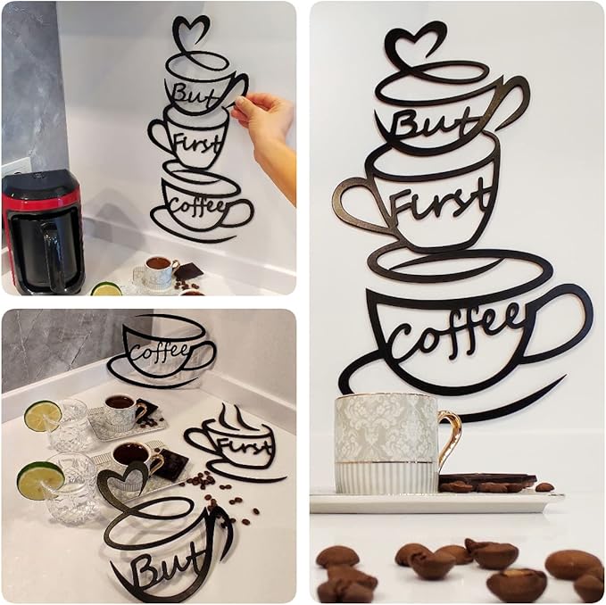 4eN But First Coffee Wall Sign – Modern MDF Wooden Wall Decor for Kitchen & Coffee Bar – Stylish Cafe & Coffee Corner Decoration-11 Pieces