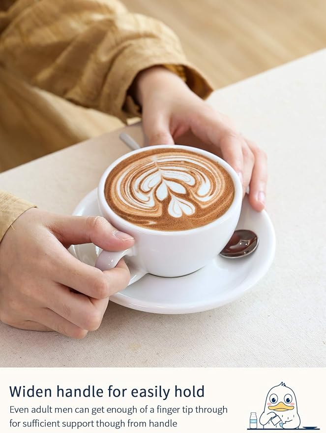 LE TAUCI Cappuccino Cups with Saucers 6 oz, Set of 4 Ceramic Coffee Cup and Saucer Set for Latte, Au Lait, Flat White, Mocha, Tea, Embossed Coffee Cups, White