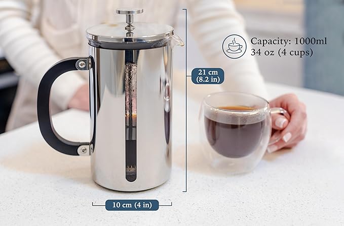 High Borosilicate Glass French Press with 304 Stainless Steel, 1000 ml Capacity - Classic Elegance and Modern Design for Coffee Enthusiasts