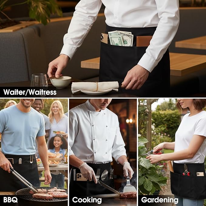 BOHARERS 3-Pocket Waist Apron With American Flag Print Straps - Black Waitress Waiter Server Short Aprons
