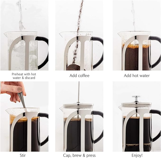 OVENTE French Press Coffee Maker, 20oz Heat Resistant Borosilicate Glass, BPA-Free Brewing Pot with 4-Level Filter System and Stainless Steel Plunger for Cold Brew Coffee, Tea and More, Clear FGC20T