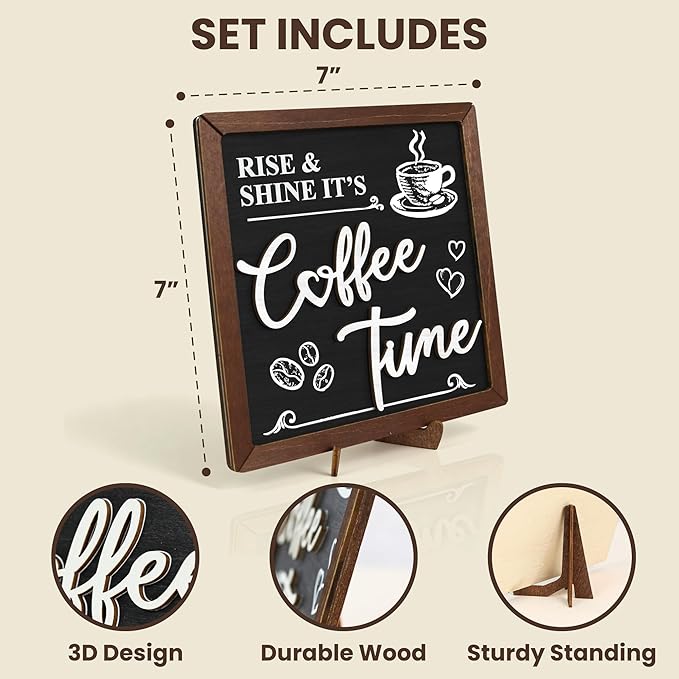 Woodamore Vintage Coffee Signs For Coffee Station Decorations - Coffee Bar Decor Accessories, Wood Farmhouse Cafe Signs For Kitchen Table Top Decor