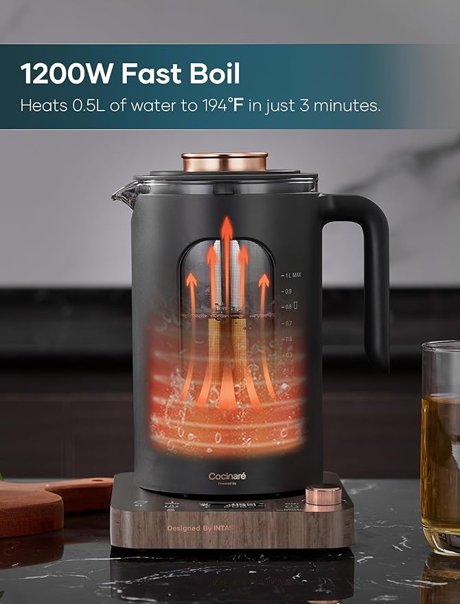 Electric Tea Kettle, Electric Kettle with Tea Infuser, ±1℉ Knob Temperature Control, BPA-Free Glass, 1200W Fast Heating, Easy to Clean, 1 Liter (Wood)