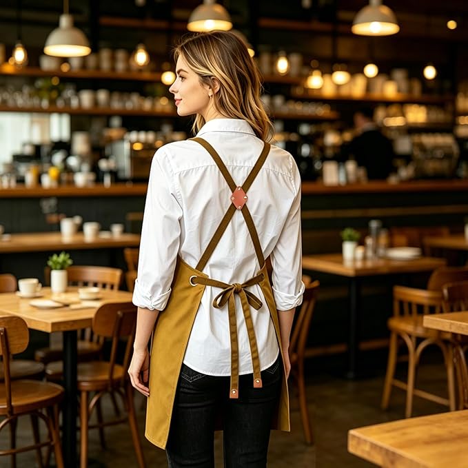 AFUN Chef Aprons for Women Men with Oversized Pockets, 12-Ounce Cotton Canvas Cross Back Water Repellent Apron (Brown)