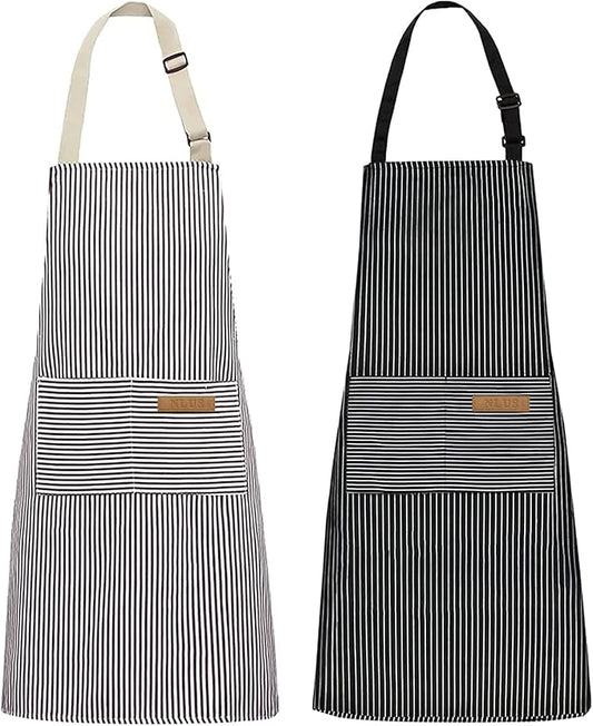 NLUS 2 Pack Kitchen Cooking Aprons, Adjustable Bib Soft Chef Apron with 2 Pockets for Men Women (Brown/Dark Black Strips)
