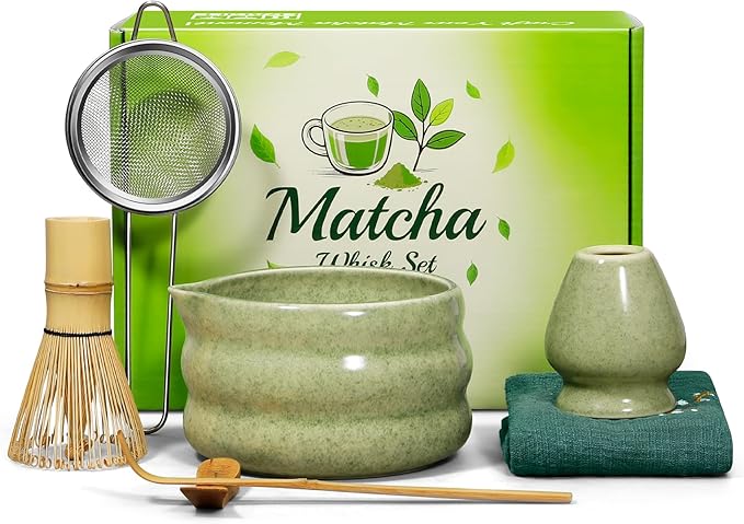 Matcha Whisk Set 7pcs, Japanese Macha Making Kit - 17oz Bowl with Spout, Bamboo Whisk, Chasen Holder, Scoop, Scoop Rest, Stainless Steel Sifter & Towel, Tea Gift Tools for Starter & Enthusiasts, Green