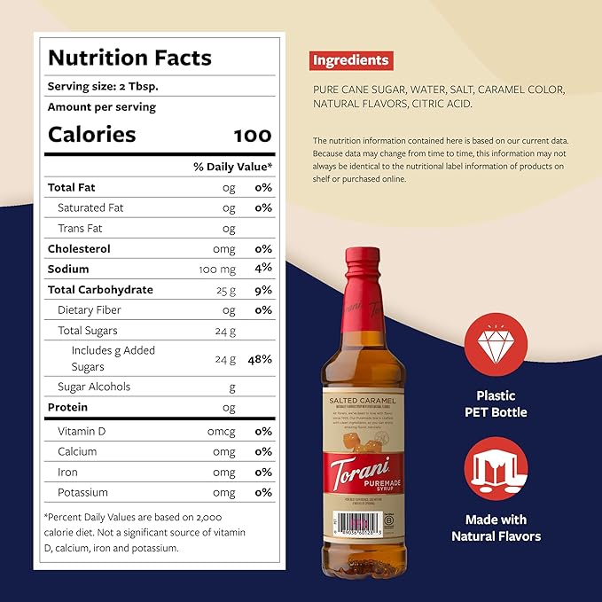 Torani Puremade Syrup, Salted Caramel Flavoring for Drinks, Pump Included, 25.4 Fl Oz
