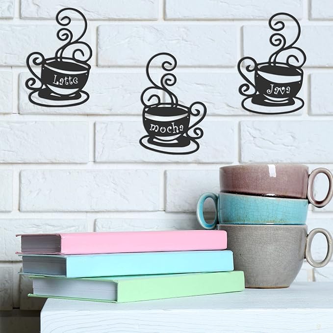 4 Pieces Metal Coffee Cup Wall Decor Coffee Bar Decor Cafe Themed Wall Art Decoration Vintage Cup Signs for Kitchen Decorations Shop Restaurant Lounge Decorations(Black)
