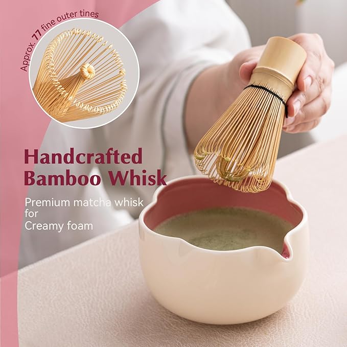 Matcha Set, 8Pcs Floral Ceramic Matcha Kit with Matcha Whisk, Holder, Scoop, Scoop Rest, Sifter, Spoon and Tea Towel - Thoughtful Matcha Whisk Set Gift for Matcha Lovers (Beige & Pink)