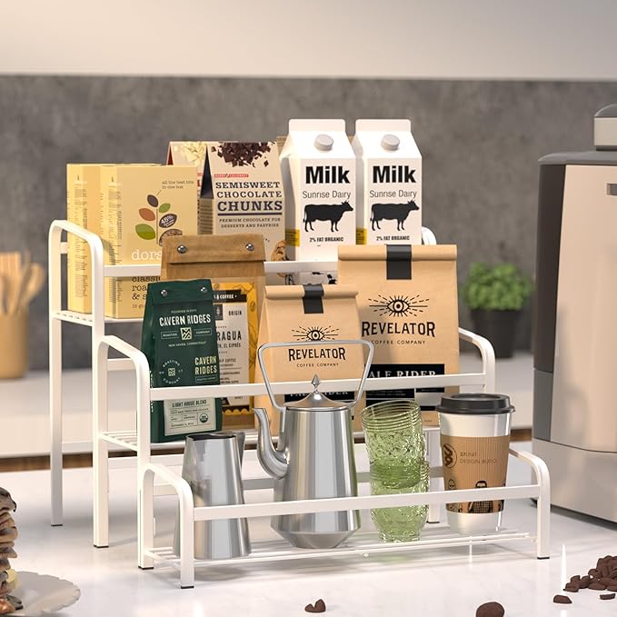 DTUQYX Coffee Syrup Organizer 3-Tier, 12 Bottles Capacity Coffee Syrup Rack,Metal Syrup Stand for Spice, Wine, Liquor, Bottle, Coffee Bar Station Racks Magnetic, No Installation,White