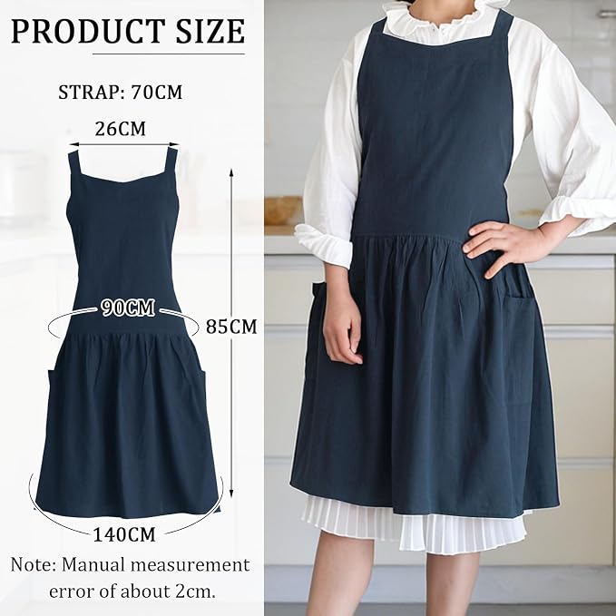 Cotton Linen Cross Back pinafore Apron Dress for Women with Pockets for Cooking Cleaning - Crossback Apron - Blue - with Waist Ties - Image 5