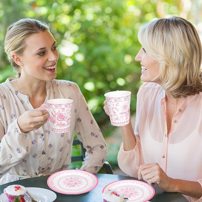 Whaline 80 Pcs Pink White Floral Paper Tea Cups and Saucers Porcelain Chinoiserie Flower 9oz Disposable 40 Teacups with Handle and 40 Dessert Plates for Wedding Baby Shower Birthday Spring Tea Party