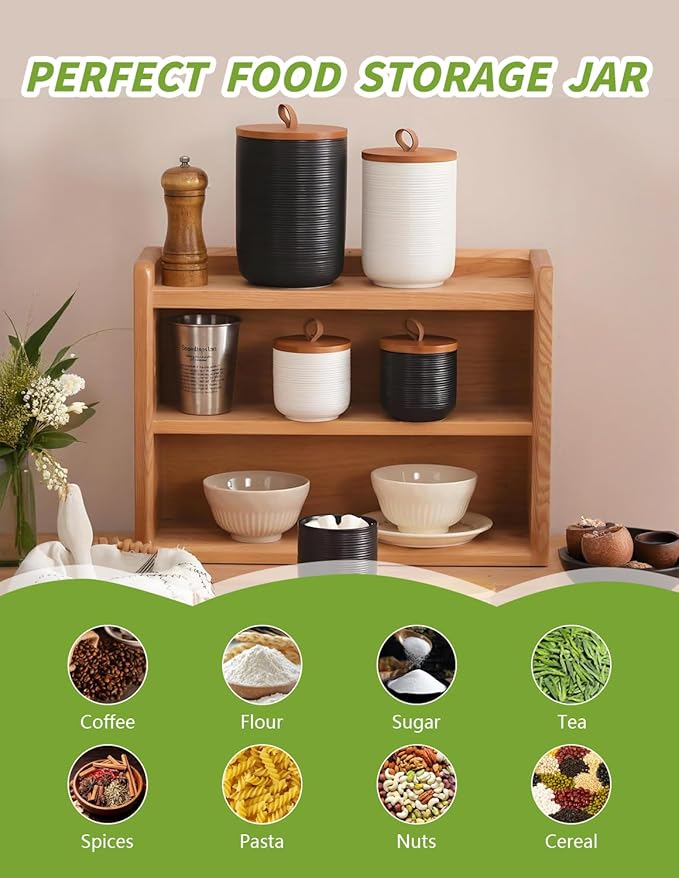 Ceramic Canister with Airtight Seal Lid, Kitchen Canisters for Countertop, Black Food Storage Jar for Flour, Coffee Bean, Sugar, Tea, Spices and More, Home Decor (260ml/8.79oz)