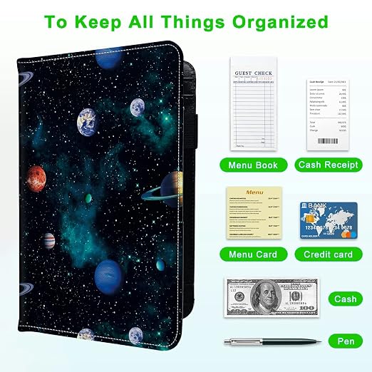 Server Books for Waitress, with 7 Large Pockets, Waiter Serving Book, Waitstaff Server Order Pads, Cute PU Leather Server Book with Pen Holder Fit Server Apron, Planets - Image 5