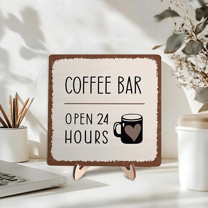 Coffee Bar Sign Plaque Decor,Coffee Bar Accessories,Rustic Wooden Tabletop Plaque with Stand, Minimalist Farmhouse Kitchen Counter Sign,Cute Mini Café Bar Decor Gift 5.9x5.9Inch