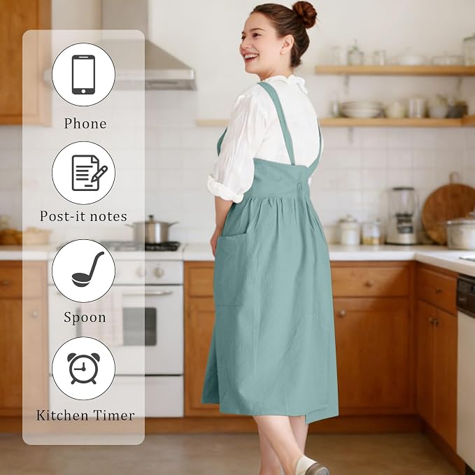 Cotton Linen Cross Back pinafore Apron Dress for Women with Pockets for Cooking Cleaning - Crossback Apron - Turquoise - without Waist Ties - Image 5