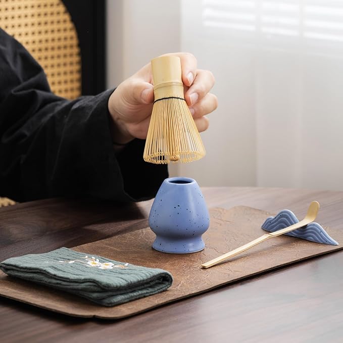 7Pcs Japanese Matcha Tea Set, Matcha Kit with Matcha Bowl (with Pouring Spout), Matcha Whisk, Whisk Holder, Strainer - Elegant Matcha Set for Gifting and Personal Use, Gift Box Packaging (blue)