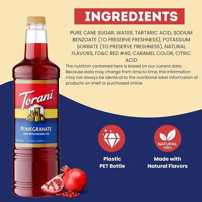 Torani Pomegranate Syrup 1 Liter Bottle with Pump – Premium Drink Flavoring Made with Pure Cane Sugar & Natural Flavors for Cocktails, Mocktails, Lemonades & Teas – Tart Fruity Sweetener - Image 6