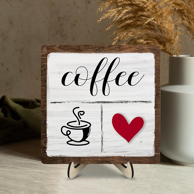 Vintage Coffee Bar Decor Sign,Rustic Wooden Plaque for Java Station, Kitchen,Cafe or Tea Corner, Funny Jave Gift for Coffee Lovers,Cute Heart Design Cafe Decor 5.9x5.9inch
