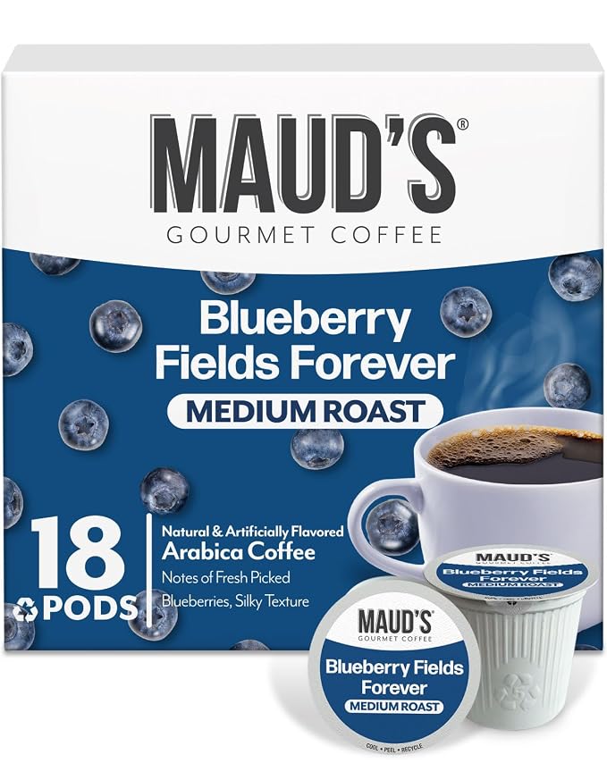 Maud's Blueberry Flavored Coffee Pods, 18 ct, Medium Roast Flavored Coffee in Single Serve Pods – 100% Arabica Beans, Compatible with Keurig K Cups Maker by MAUDSCOFFEETEA