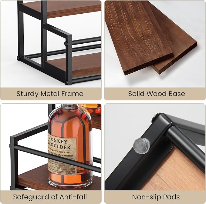 THYGIFTREE Liquor Bottle Display Shelf, 2 Tier Bar Shelf Stand for Liquor & Whiskey, Countertop Liquor Rack Organizer with Metal Frame & Wood Base for Home Bar Kitchen - Image 8