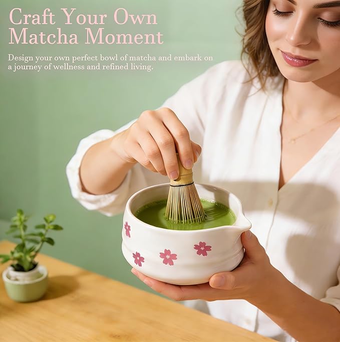 8Pcs Cute Ceramic Matcha Set with Whisk Bowl, Matcha Tea Kit Holder, Bamboo Scoop, Sifter, Towel Included, Valentine's Mother's Day Gift for Matcha Lover Women (White Sakura)