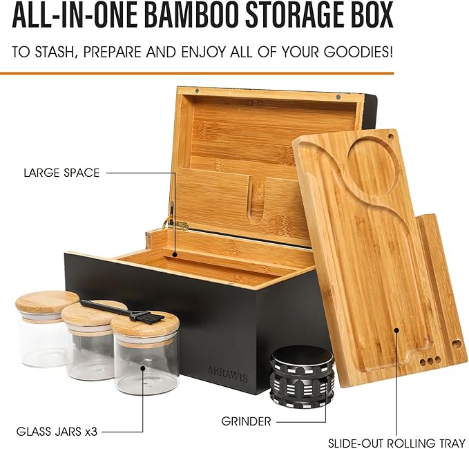 Large Bamboo Stash Box with Strong Magnetic Lid - Smell Proof Decorative Storage Box for Herbs, Spices & Keepsakes - Includes Removable Wood Tray and Glass Storage Jars - Natural & Discreet