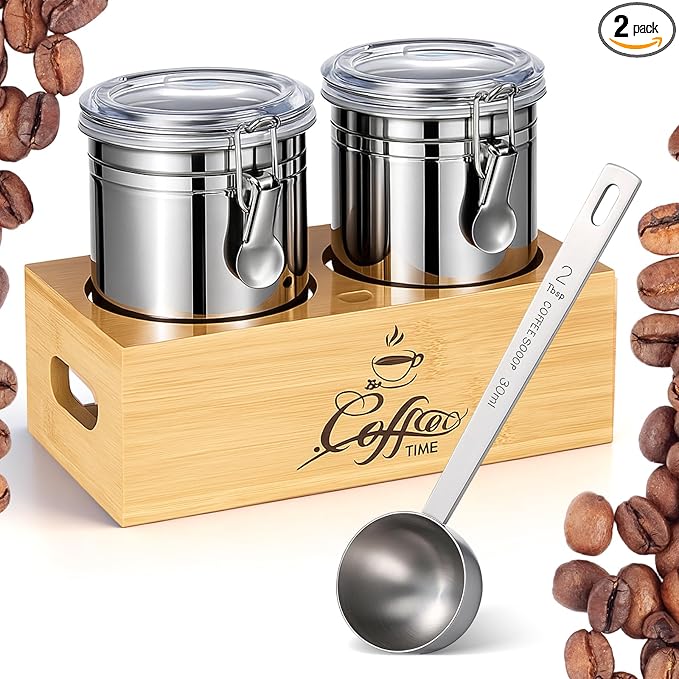 Vesici 2 Pcs Coffee Canister with Shelf & Scoop, 2 x 54 Fl oz Airtight Bean Storage Canister, Stainless Steel Coffee and Sugar Jar Set, Sugar Holder Containers for Cafe Bar Countertop, Kitchen Storage