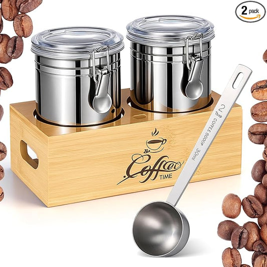 Vesici 2 Pcs Coffee Canister with Shelf & Scoop, 2 x 54 Fl oz Airtight Bean Storage Canister, Stainless Steel Coffee and Sugar Jar Set, Sugar Holder Containers for Cafe Bar Countertop, Kitchen Storage