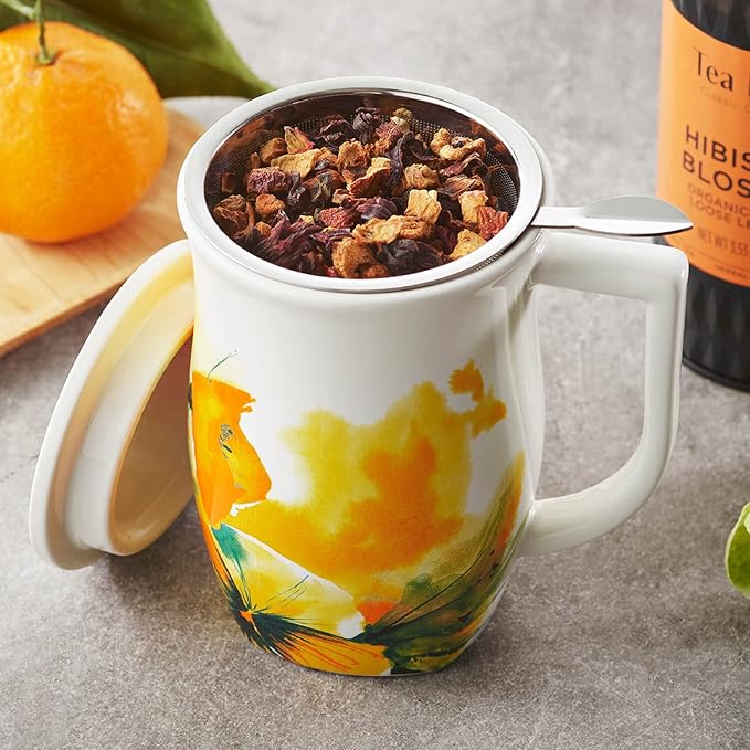 Tea Forte Ceramic Fiore Cup with Handle, Removeable Stainless Steel Infuser Basket and Lid, Steeps 14 oz Loose Leaf Tea, Dishwasher & Microwave Safe, Wild Poppy