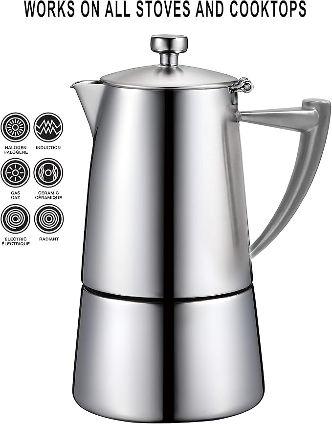 CUISINOX Roma Satin Stainless Steel Moka Pot Stovetop Espresso Maker, 4-Cup (6 oz)