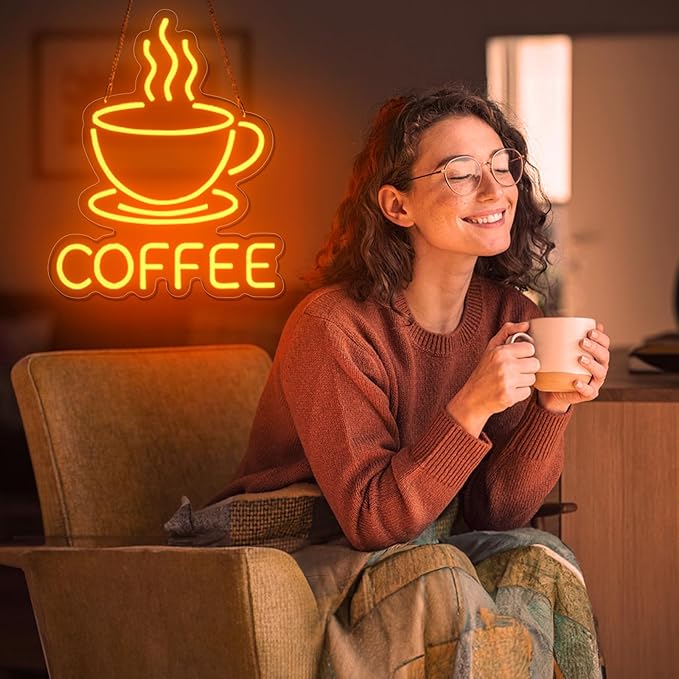 Basaneon Coffee Neon Sign for Wall Decor Dimmable Modern Led Sign for Cafe Shop, USB Powered Coffee Cup Neon Signs Light Up for Cafe Station Accessories Art Decor Party Decorations(15.7 * 12.8inches)