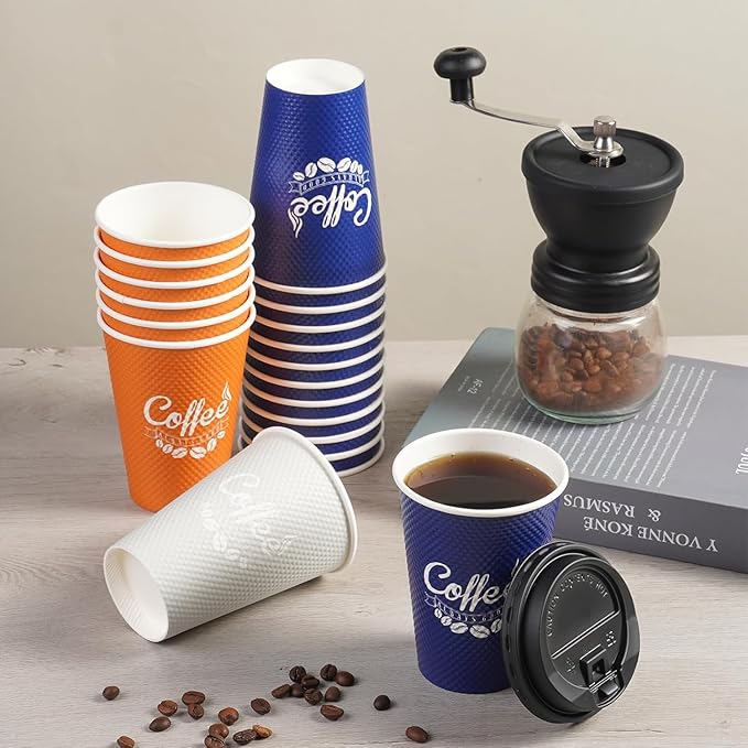Tamone 100 Pack 12 oz Disposable Coffee Cups with lids, Insulated Ripple Double-Walled Paper Coffee Cups for Party Wedding, Drinking To Go Coffee Cups with Lids for Coffee, Tea, Chocolate