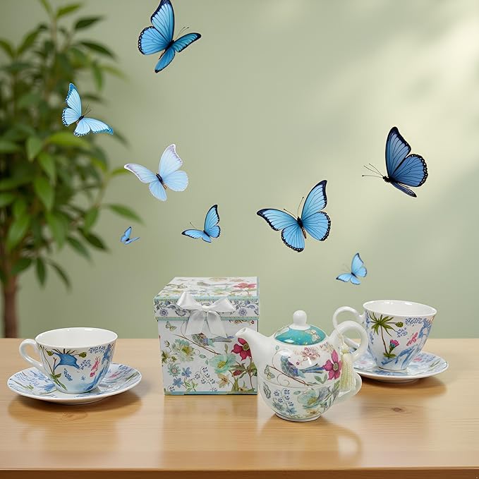 Lightahead Bone China Tea for One Set in Blue Bird Design, in attractive Reusable Handmade Gift Box (With Ribbon), Blue
