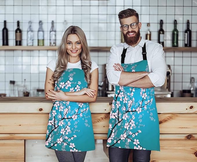 WONDERTIFY Plum Blossom Apron,Pink Flowers Reflected in Water Blue Bib Apron with Adjustable Neck for Men Women,Suitable for Home Kitchen Cooking Waitress Chef Grill Bistro Baking BBQ Artist Apron