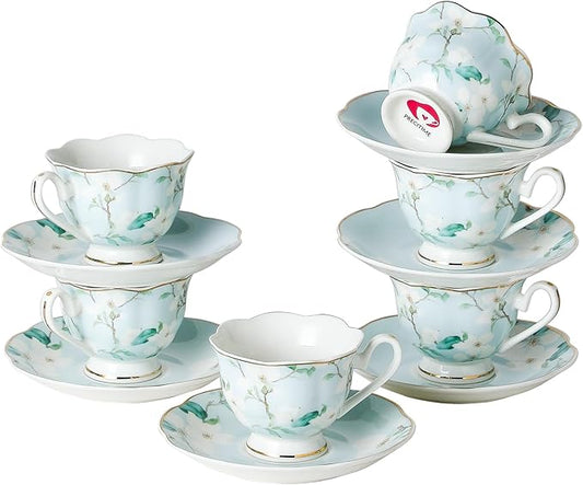 Porcelain Demitasse Cup Set of 6 (12-Piece) - 2.5oz Artisan Embossed Floral Cups and Saucers with Gold Trim for Turkish Coffee, Gift