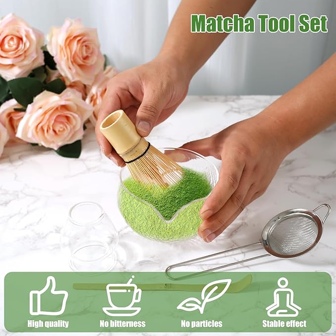 Matcha Whisk Set, 5 Pcs Matcha Set Whisk and Bowl with Spout, Matcha Whisk Holder, Matcha Spoon, Stainless Sifter, Perfect Matcha Kit for Matcha Lover (Glass Transparent)