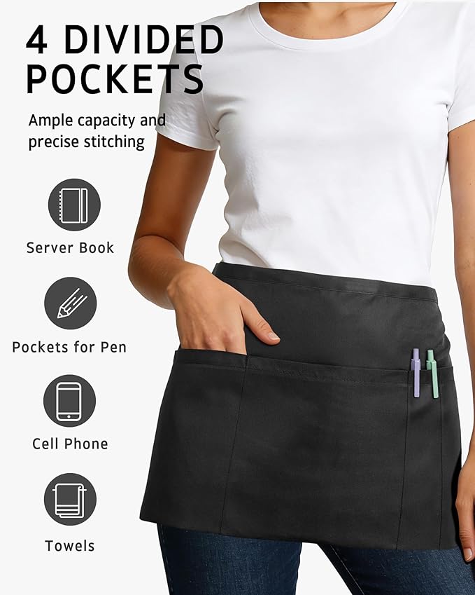 Syntus Server Apron for Men Women, Waitress Waist Apron, Black 1/3/12 Packs