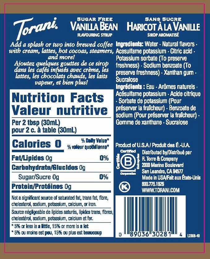 Torani Sugar-Free Syrup, Vanilla Bean, 25.4 Fl Oz Bottle (Pack of 4)