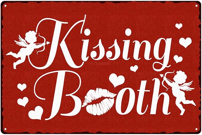 Kissing Booth Tin Sign Love Heart Pattern Metal Signs Valentine's Day Wall Art Decoration Home Farmhouse Bar Kitchen Cafe Living Room Coffee Corner White Day Decor Romantic Gift 12" x 8" by ArtSignsHomeDecor