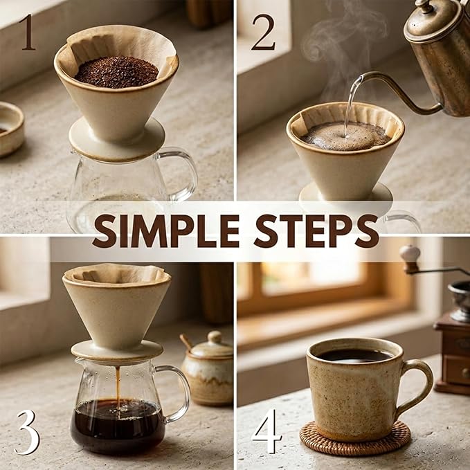 Ceramic Pour Over Coffee Dripper, Reusable Porcelain Portable Pour Over Coffee Maker, Slow Brewing Accessories with 1 Holes for Home, Office, Travel, Camping (Brown)