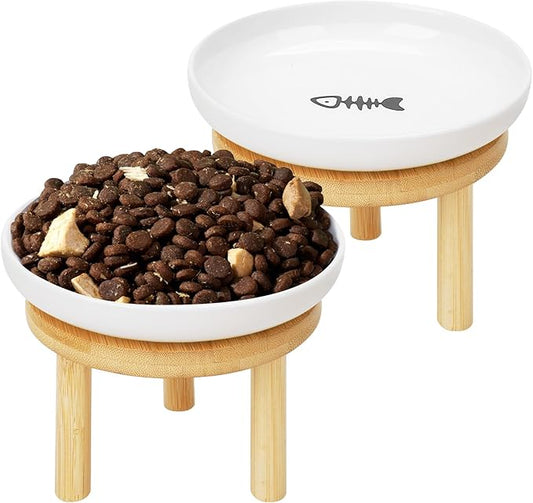 Shallow Elevated Cat Bowls with Bamboo Stand, 5.9 Inch Wide Ceramic Cat Dish Whisker Friendly, 2 Pack Pet Food and Water Plates