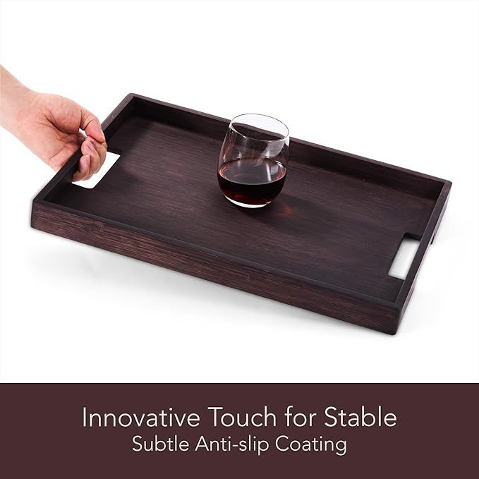 DETOR Serving Tray 17" x 13", Innovative Anti-Slip Coating, Mahogany Bamboo Finish, Solid Bamboo Board, Decorative & Ottoman Tray for Food, Drinks, and Home Décor