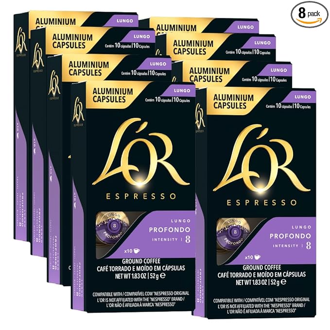 L'OR Espresso Capsules, 80 Count Profondo Lungo, Single-Serve Aluminum Coffee Capsules Compatible with the L'OR BARISTA System & *Nespresso Original Machines, 80 Count (Pack of 8)