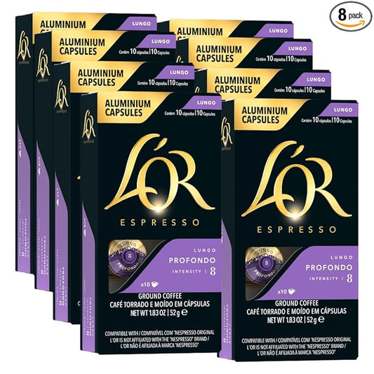 L'OR Espresso Capsules, 80 Count Profondo Lungo, Single-Serve Aluminum Coffee Capsules Compatible with the L'OR BARISTA System & *Nespresso Original Machines, 80 Count (Pack of 8)