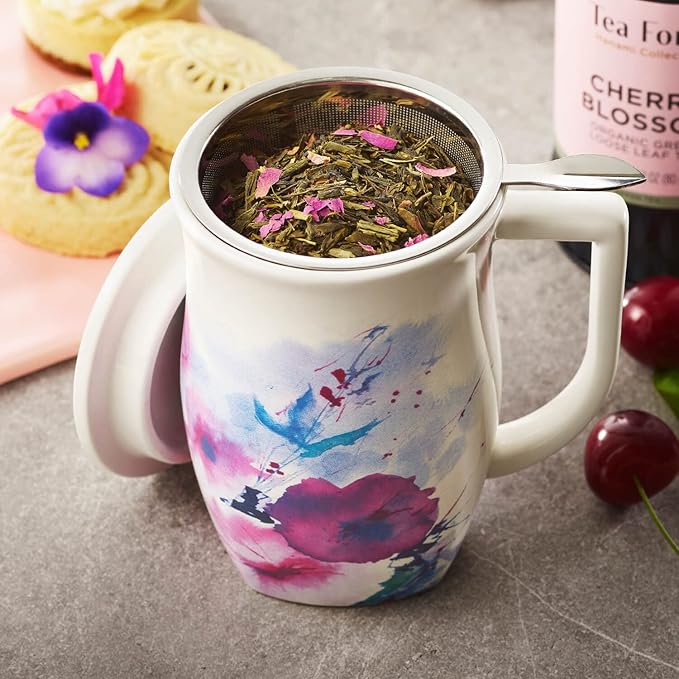 Tea Forte Ceramic Fiore Cup with Handle, Removeable Stainless Steel Infuser Basket and Lid, Steeps 14 oz Loose Leaf Tea, Dishwasher & Microwave Safe, Verbena Blossom