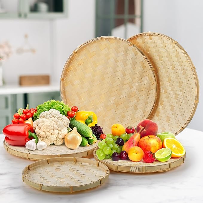 Goaste 5 Pack Round Bamboo Serving Trays, Decorative Flat Wicker Baskets, Handwoven Shallow Wicker Organizers for Food Storage, Fruit, Snacks, Kids DIY Drawing, Wall Hanging Decoration