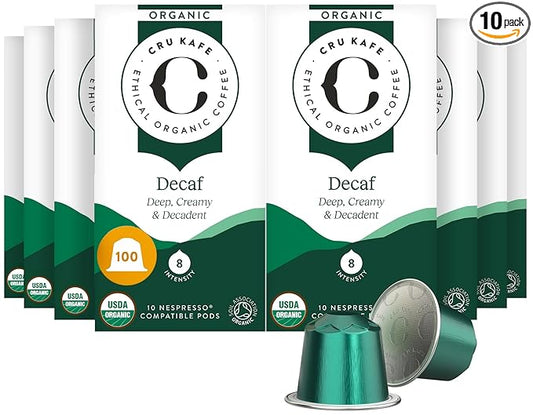 Cru Kafe Decaf USDA Organic Espresso Coffee Capsules (100 Pods) Fairtrade Coffee Pods Compatible with Nespresso Original Line and Pixie Machines