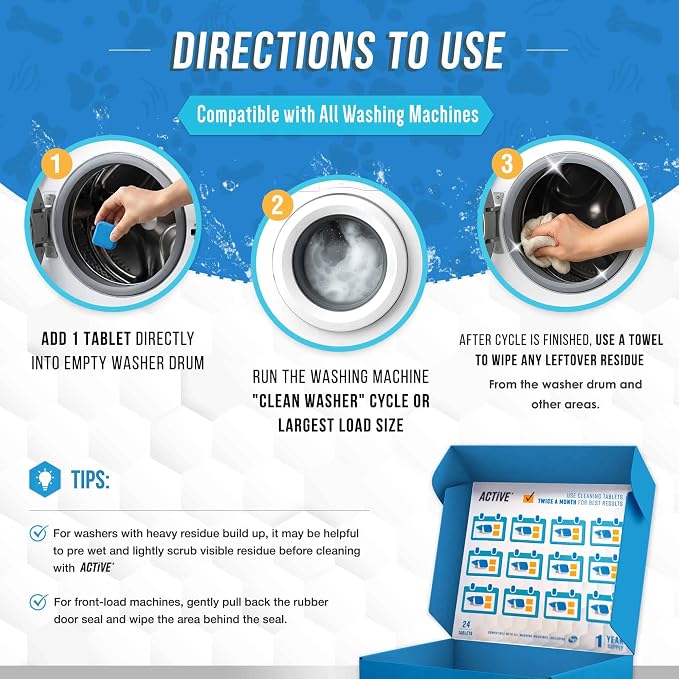 ACTIVE Washing Machine Cleaner for Pet Owners Enzymatic Deep Clean Descaler for Cat & Dog Hair, Urine, Odor, Residue, 24 Septic-Safe Tablets for Top Load, Front Loader, HE Washer Tub - 1 Year Supply - Image 3